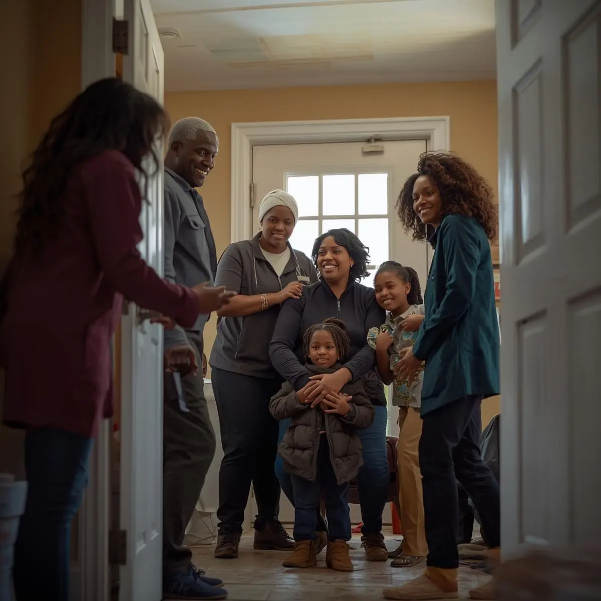 a black family standing in the doorway talking